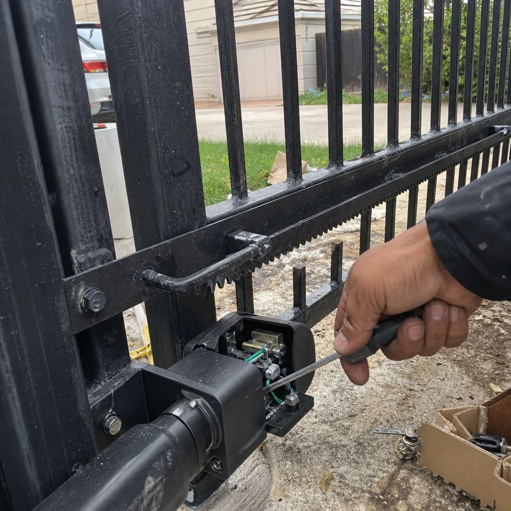 Technician performing professional electric gate motor repair and maintenance