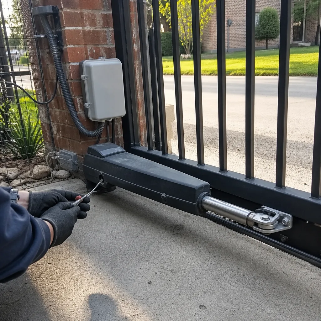 Technician performing professional electric gate opener repair and maintenance