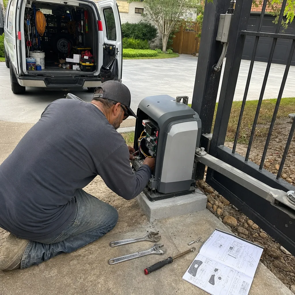 Technician performing professional electric gate repair service on an automatic gate motor