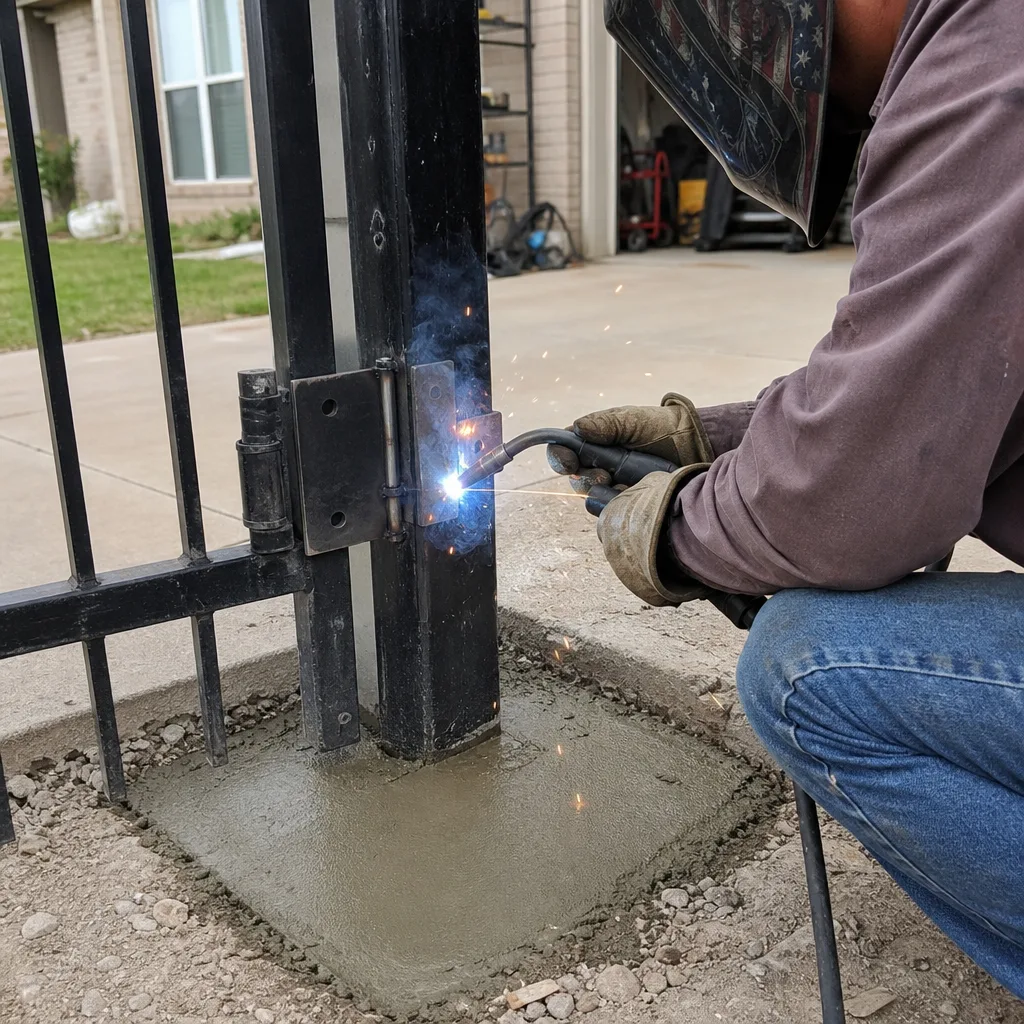 Professional welder performing gate repair and hinge installation on metal fence