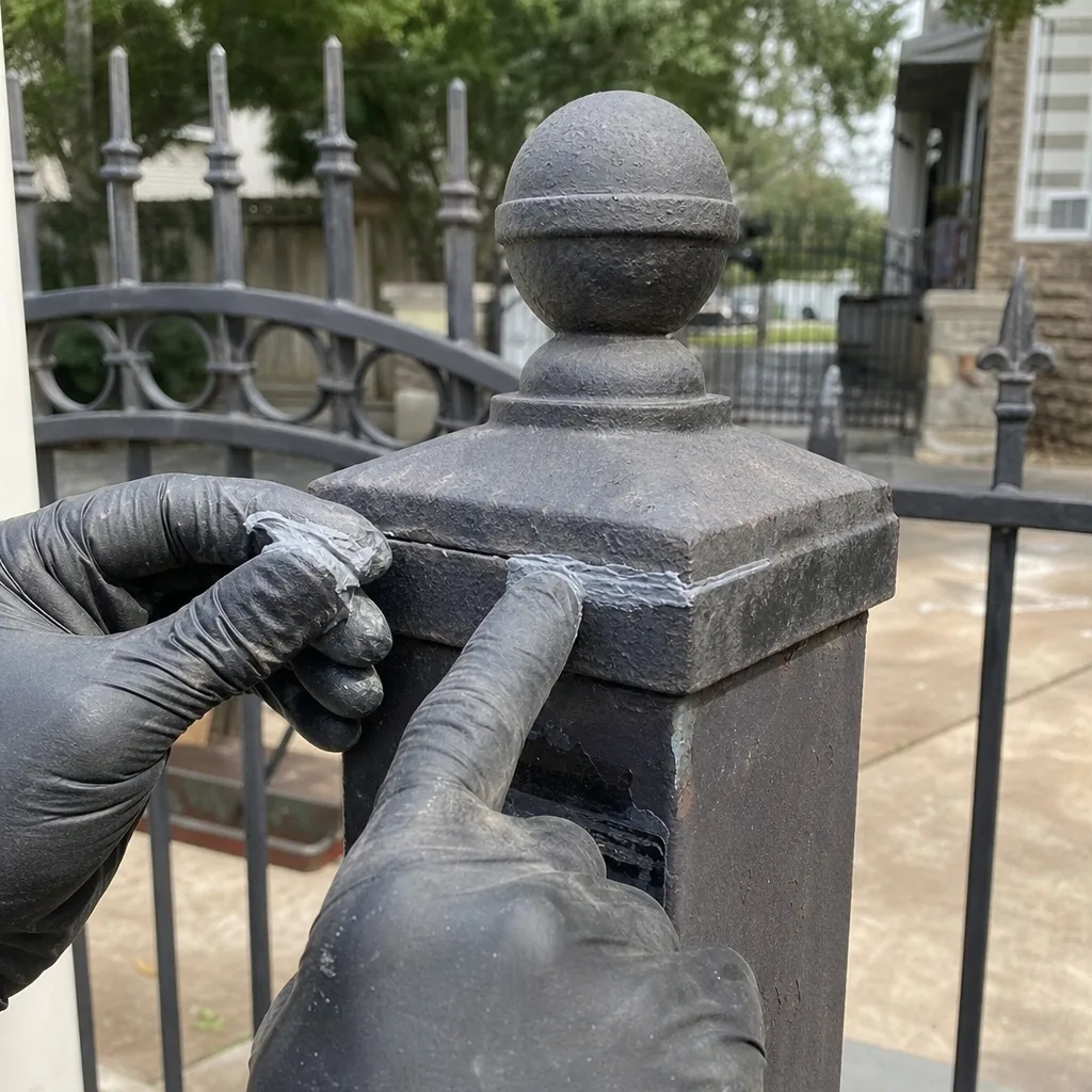 Professional technician applying sealant to a metal gate post repair