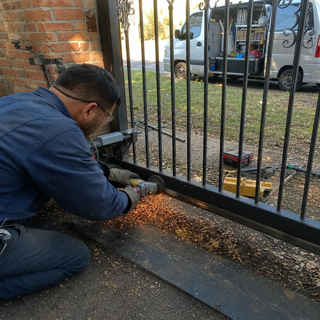Technician using an angle grinder for metal gate repair services.